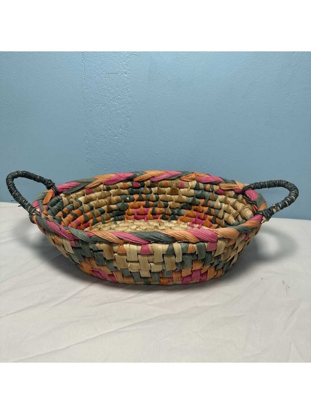 Vintage Hand Woven Oval Seagrass Basket Bowl Boho Two Handles Pink Teal Orange